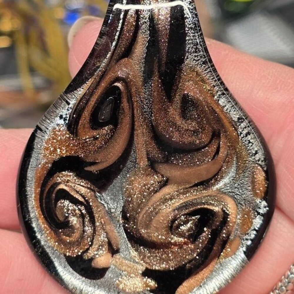 Handcrafted Murano Style Glass Pendant Swirling Bronze & Silver Art Jewelry
